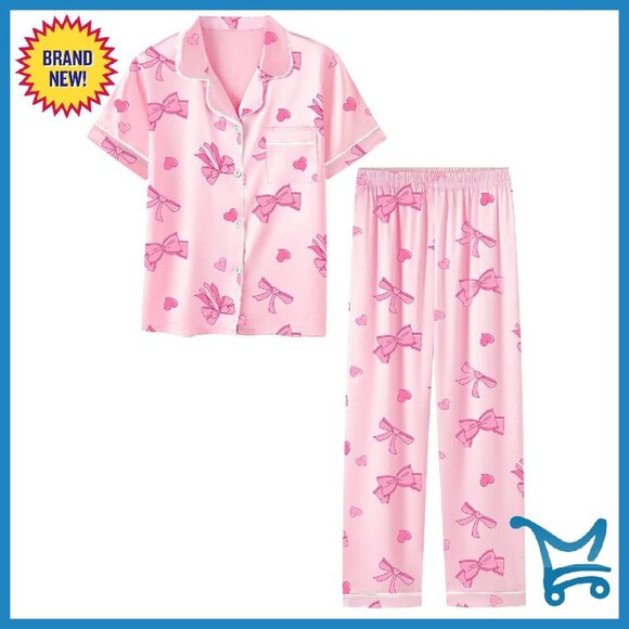 Other - Satin Pajama Set Short Sleeve Button Down Lounge Wear Women's